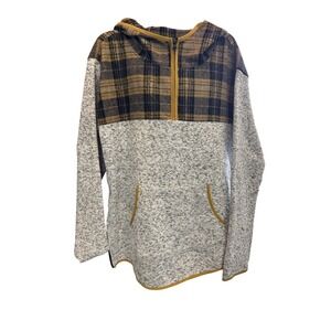 Hem & Thread Plaid Hooded Pullover‎ Sweatshirt Women's Size L Gray Gold  Zip